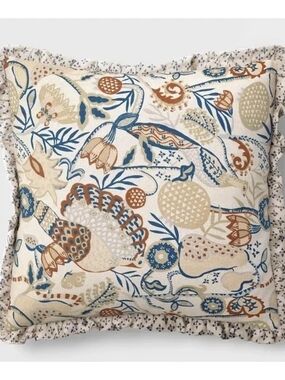 Botanical Pattern Ruffle Edge Throw Pillow - Blue, Tan & Cream - Reversable